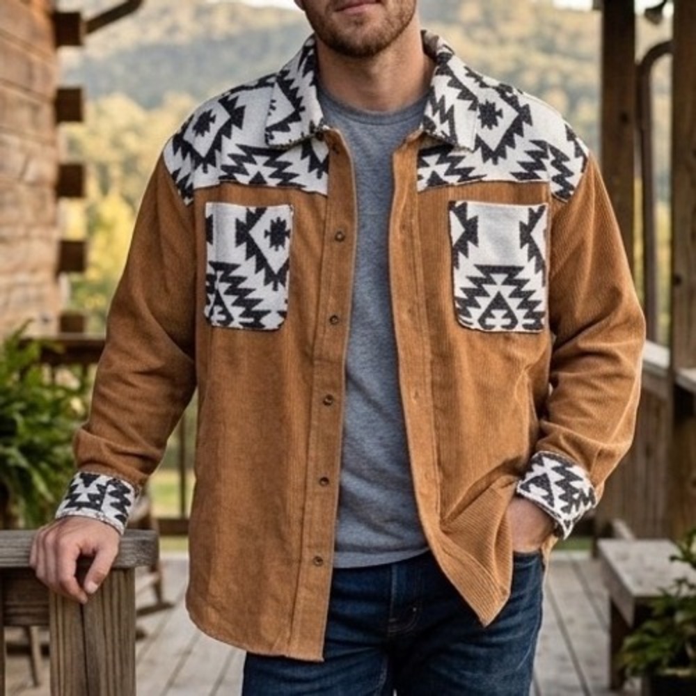 Blue Buttercup Mens Corduroy Southwestern Tribal Print Shacket Camel Brown